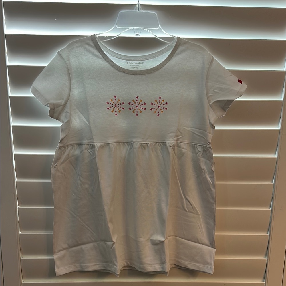 AMERICAN GIRL White Top with Pink and Yellow Stars Short Sleeve Tee XL 18/20 🌟